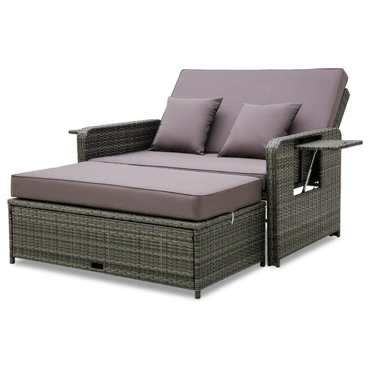 Tangkula Patio Rattan Daybed Set, Wicker Loveseat Sofa w/Multipurpose Ottoman & Retractable Side Tray, 4-Level Adjustable Backrest, Footstool w/Storage, Seat & Back Cushion Included (Gray) - CookCave