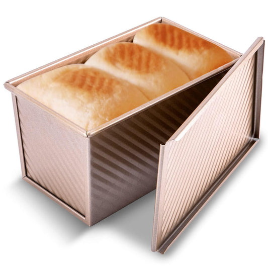 KITESSENSU Pullman Loaf Pan with Lid, 1 lb Dough Capacity Non-Stick Bakeware for Baking Bread, Carbon Steel Corrugated Bread Toast Box Mold with Cover for Baking Bread, Gold - CookCave