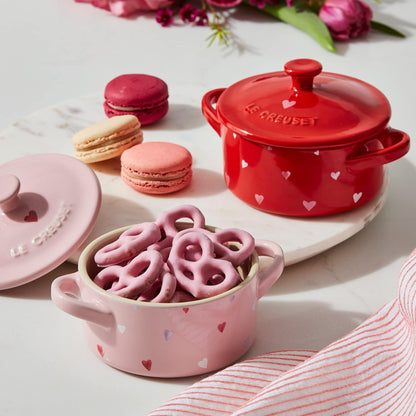 Le Creuset L'Amour Collection Stoneware Mini Round Cocotte, 8oz., Cerise with Heart Applique - CookCave