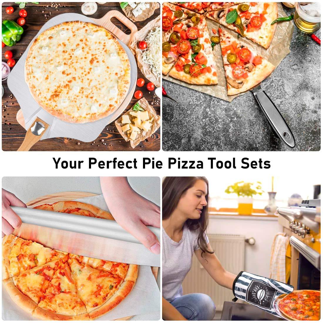 7PCS Foldable Pizza Peel Pizza Pan Set,12" x 14" Aluminum Metal Pizza Paddle with Wooden Handle, Rocker Cutter, Server Set, Baking Oven Mitts, Oil Brushes, Homemade Pizza Oven Accessories - CookCave