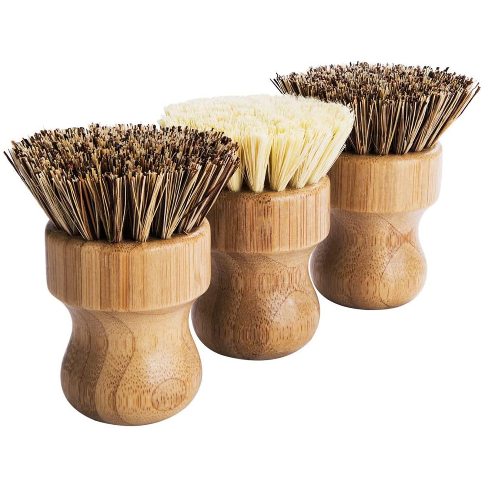 Palm Pot Brush- Bamboo Round 3 Packs Mini Dish Brush Natural Scrub Brush Durable Scrubber Cleaning Kit with Union Fiber and Tampico Fiber for Cleaning Pots, Pans and Vegetables - CookCave