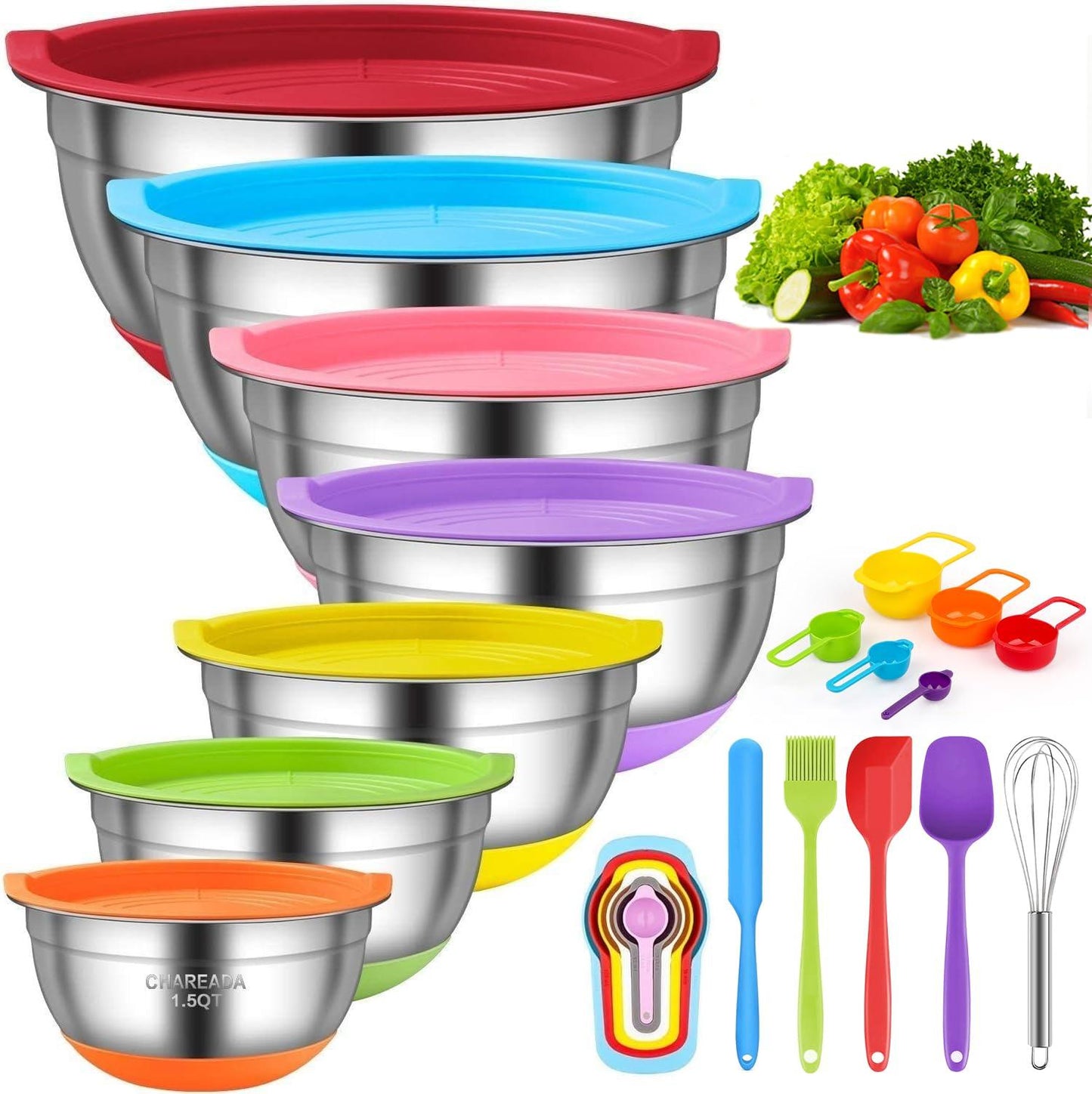 CHAREADA Mixing Bowls with Airtight Lids, 18pcs Stainless Steel Nesting Colorful Mixing Bowls Set Non-slip Silicone Bottom, Size 7, 5.5, 4, 3.5, 2.5, 2, 1.5 qt, Fit for Mixing & Serving - CookCave