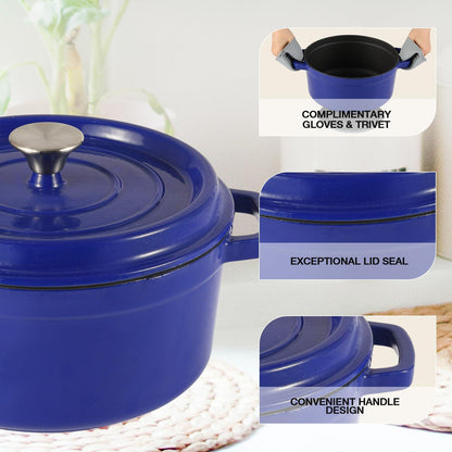 Enameled Cast Iron Dutch Oven Pre-seasoned Pot with Lid & Handles, 4 Quart Enamel Coated Cookware Pot with Silicone Handles and Mat for Cooking, Basting, or Baking, Blue - CookCave