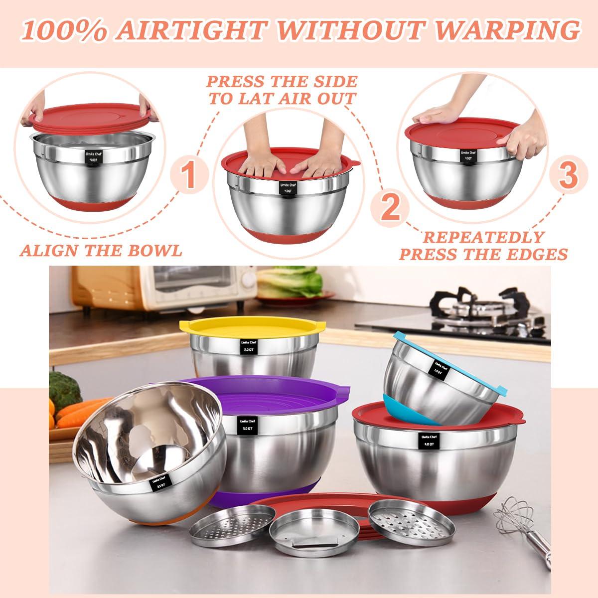 Umite Chef Mixing Bowls with Airtight Lids Set, 8PCS Stainless Steel Nesting Bowls Set, 3 Grater Attachments & Non-Slip Bottoms, Size 5, 4, 3.5, 2, 1.5QT for Baking & Mixing(Colorful) - CookCave