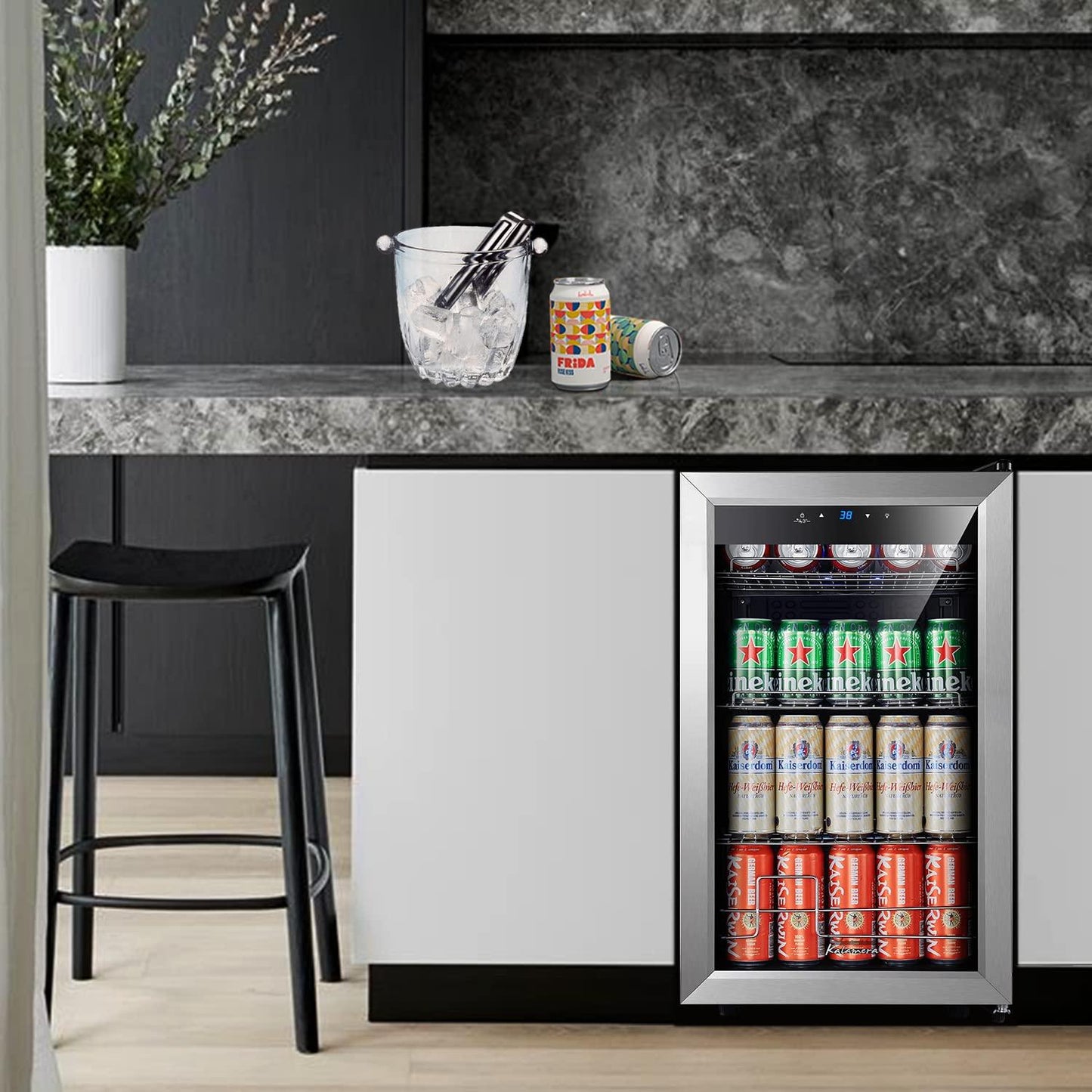 Kalamera Mini Beverage Refrigerator Freestanding- 102 Cans Capacity Beverage Cooler- for Soda, Water, Beer or Wine - For Kitchen or Bar with Whit Interior Light - CookCave