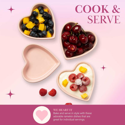 Paris Hilton Heart Shaped Ramekin Set, Mini Ceramic Ramekins, Oven Safe Baking Dishes, Dishwasher Safe, Stoneware Made without PFOA, 4-Piece Set, Pink - CookCave