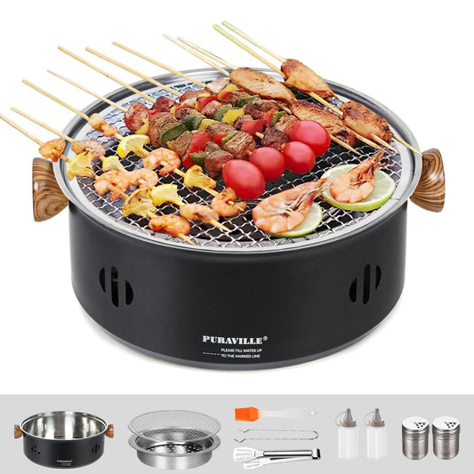 Puraville 12.5-Inch Charcoal BBQ Grill, Portable Small Camping Grill, Tabletop Korean Barbecue Grill for Home Party and Outdoor Backyard Cooking,Black - CookCave