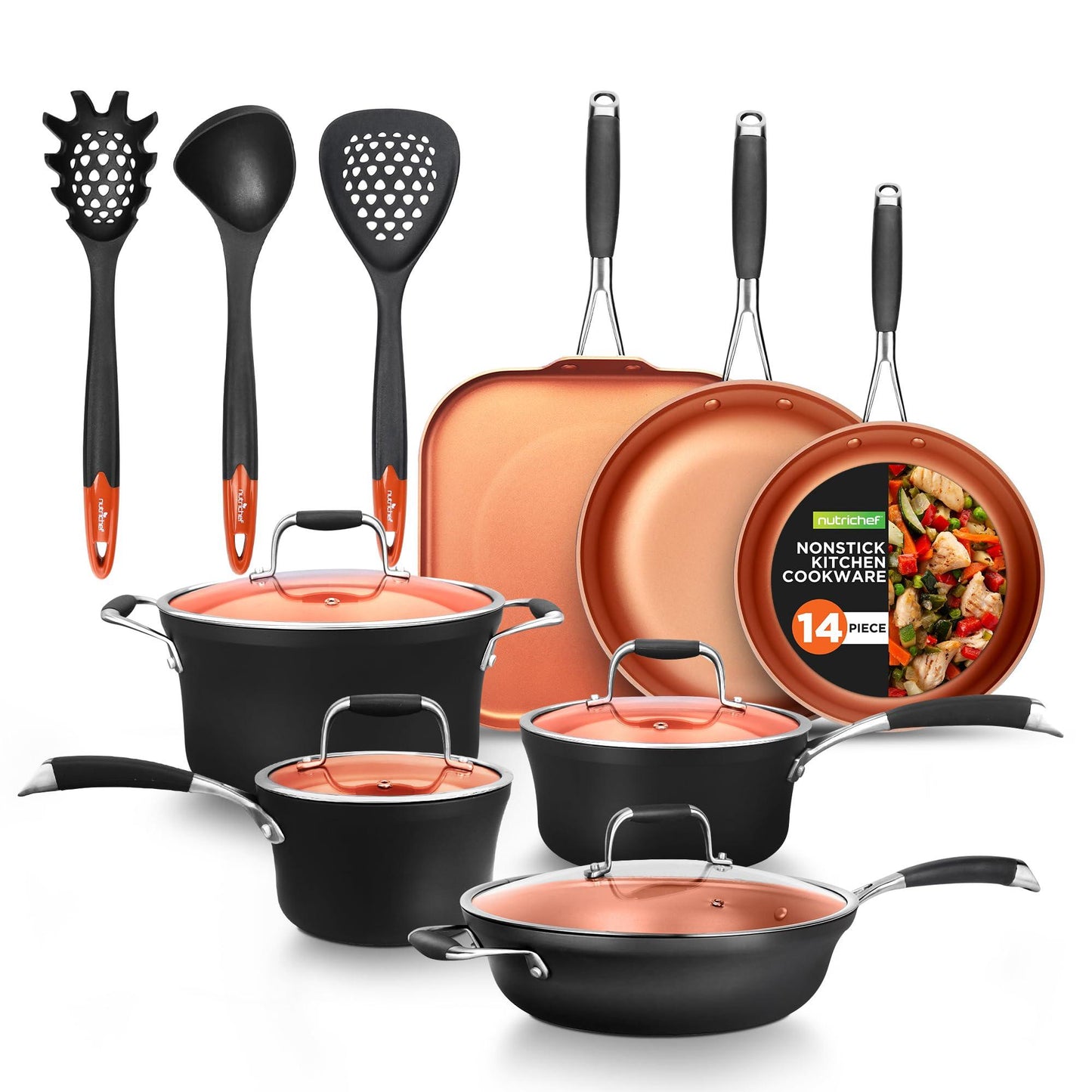 NutriChef Stackable Pots and Pans Set – 14-pcs Luxurious Cookware Set – Sauce Pans Set with Lids– Healthy Food-Grade Copper Non-Stick Ceramic Coating - PTFE, PFOA, and PFOS Free - CookCave