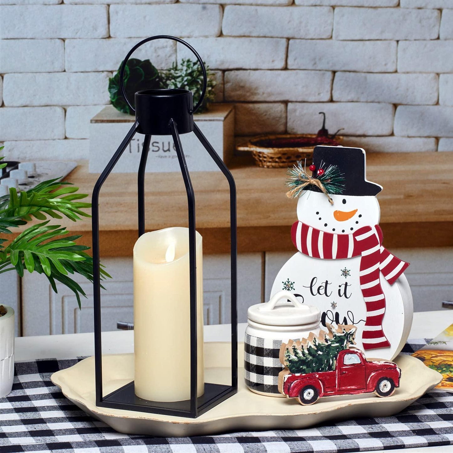 HPC Decor Modern Farmhouse Lantern Decor- Black Metal Candle Lanterns for Christmas- Lanterns Decorative w/Timer Flickering Candles for Living Room,Home,Indoor, Outdoor,Table,Fireplace Mantle Decor - CookCave