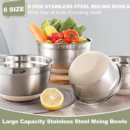 Umite Chef Mixing Bowls with Airtight Lids, 6 piece Stainless Steel Metal Nesting Storage Bowls, Non-Slip Bottoms Size 7, 3.5, 2.5, 2.0,1.5, 1QT, Great for Mixing & Serving (Khaki) - CookCave