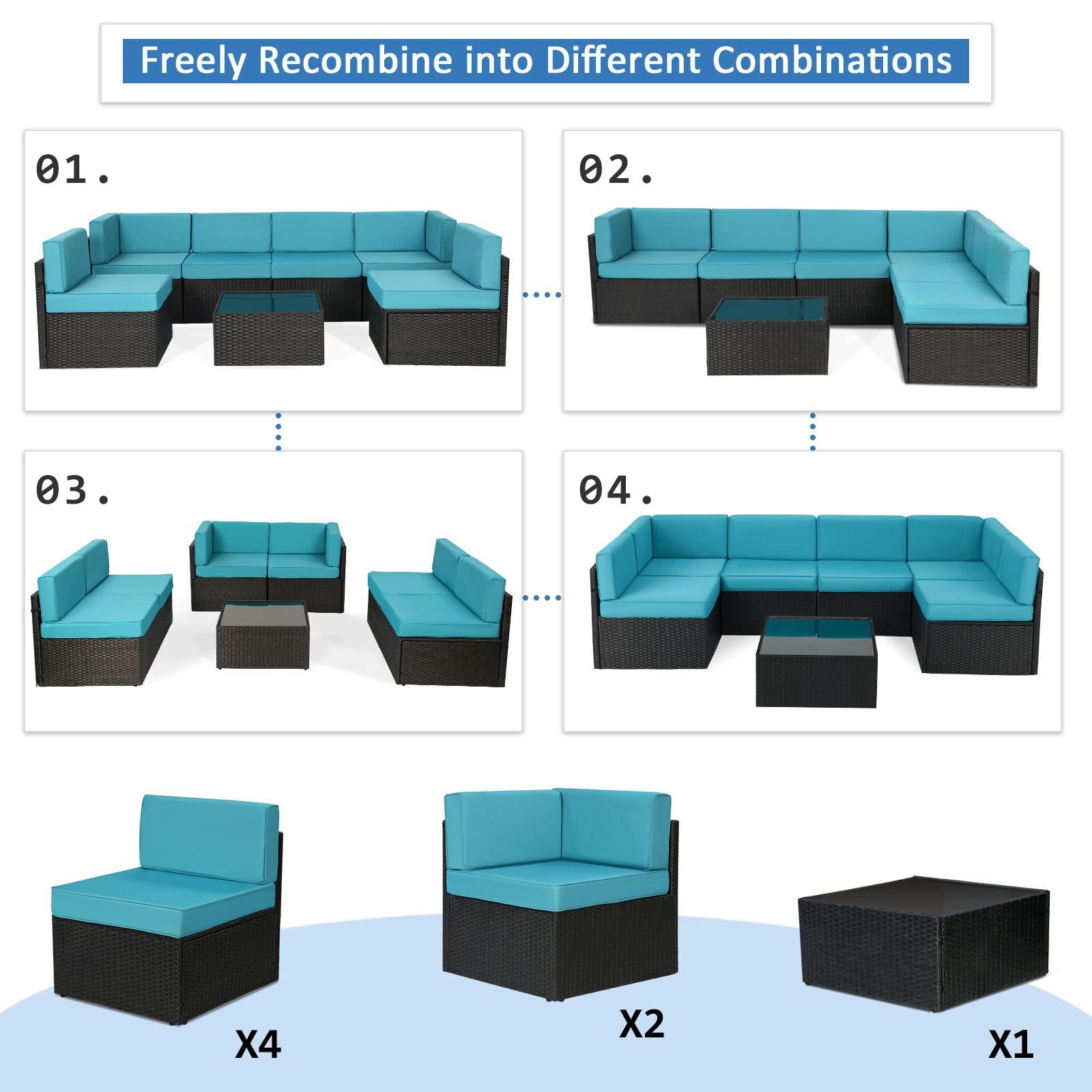 U-MAX 7 Pieces Outdoor Patio Furniture Set, All Weather Black PE Rattan Wicker Sofa Set, Sectional Furniture Conversation Set with Blue Cushion Covers and Coffee Table for Porch Garden Poolside… - CookCave