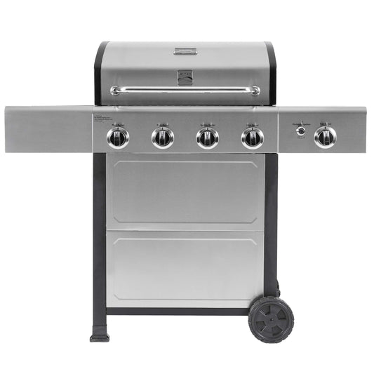 Kenmore 4-Burner Gas Grill with Side Burner, Outdoor BBQ Grill, Propane Gas Grill, Cast Iron Cooking Grates, Electronic Ignition, Warming Rack, Open Cart Design, 53000 BTUs, Stainless Steel - CookCave