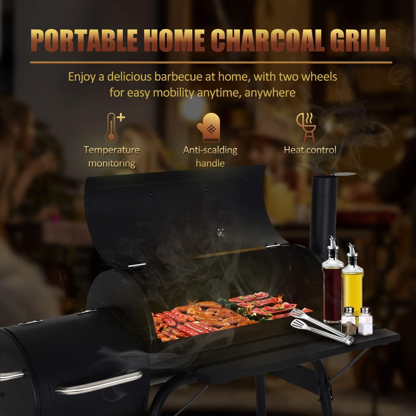 Charcoal Grills Outdoor BBQ Grill Offset Smoker with Wheels Side Fire Box Portable Barbecure Grill for Outdoor Cooking Backyard Camping Picnics,Black - CookCave