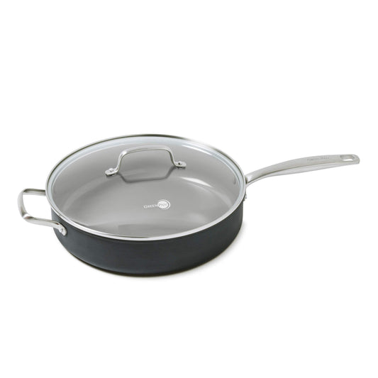 GreenPan Chatham Hard Anodized Healthy Ceramic Nonstick, 5QT Saute Pan Jumbo Cooker with Helper Handle and Lid, PFAS-Free, Dishwasher Safe, Oven Safe, Gray - CookCave