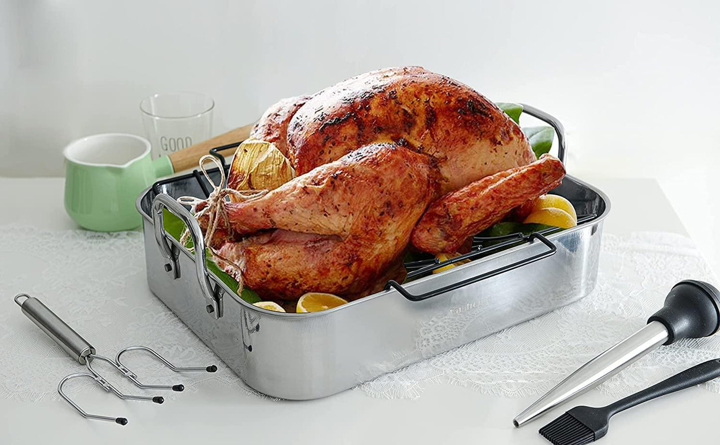 Kaiihome Roasting Pan with Nonstick Rack - 16 inch Stainless Steel Rectangular Turkey Pan with Non-stick U-Shaped Rack, Turkey Roaster Pan for Thanksgiving Party - CookCave