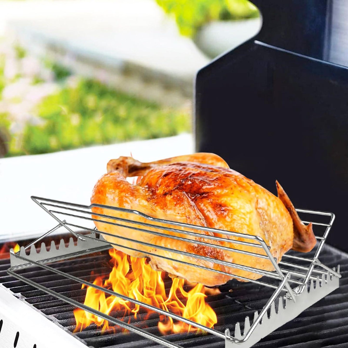 Worparsen Kitchen Chicken Roasting Rack Foldable Roasting Rack Stainless Steel Adjustable Chicken Roasting Rack Foldable V-Shaped Stand for Turkey Chicken Silver - CookCave