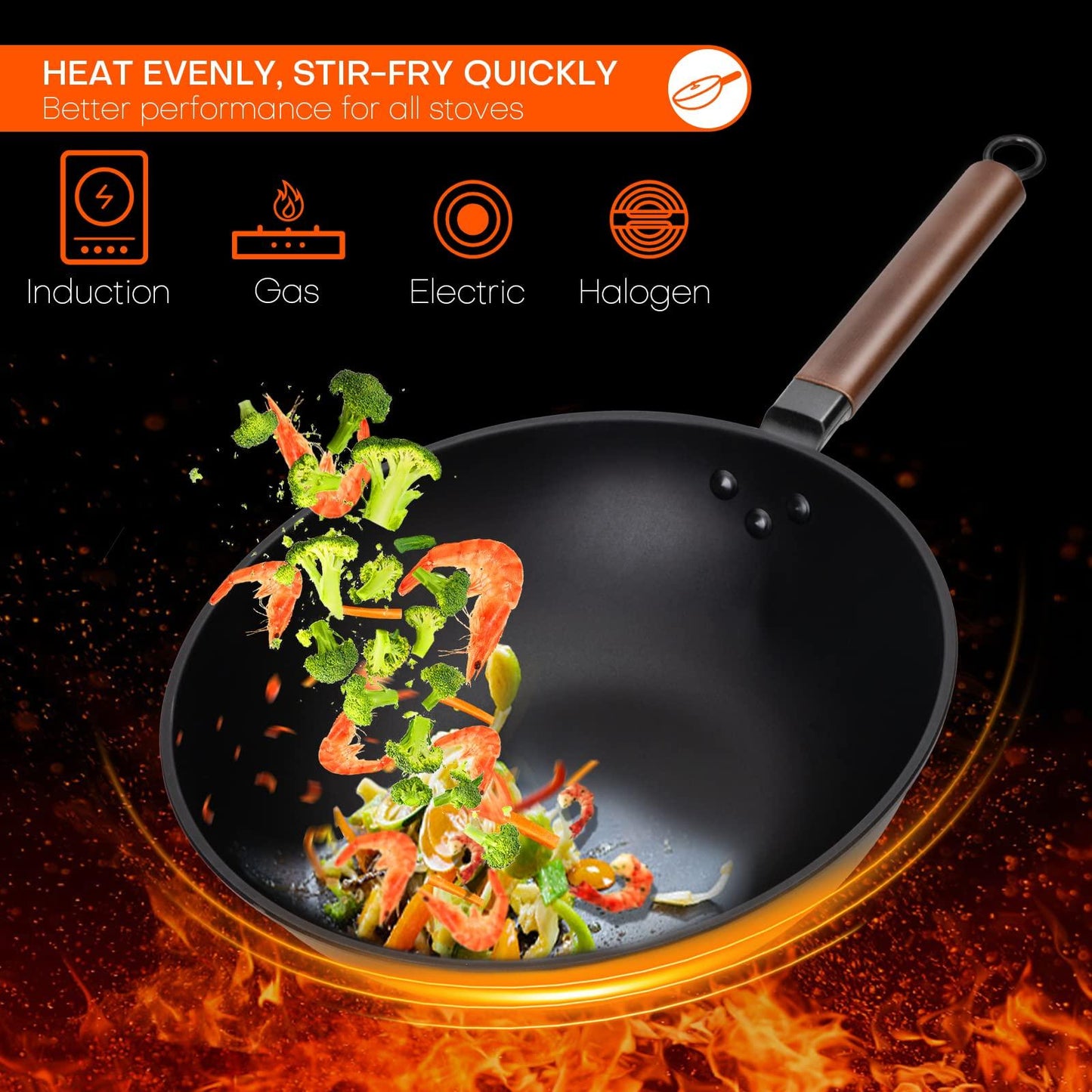 Eleulife Carbon Steel Wok, 13 Inch Wok Pan with Lid and Spatula, Nonstick Woks and Stir-fry Pans, No Chemical Coated Flat Bottom Chinese Wok for Induction, Electric, Gas, All Stoves - CookCave