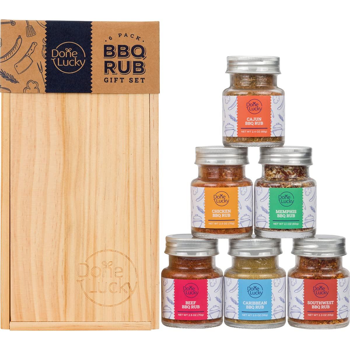 BBQ Rub Gift Set - Spice Gift Set in Premium Wooden Box - Great Grilling Gift for Christmas, Birthday, Father's Day for Him, Dad, Men, or Her - Unique Barbecue Seasonings (Set of 6) - CookCave