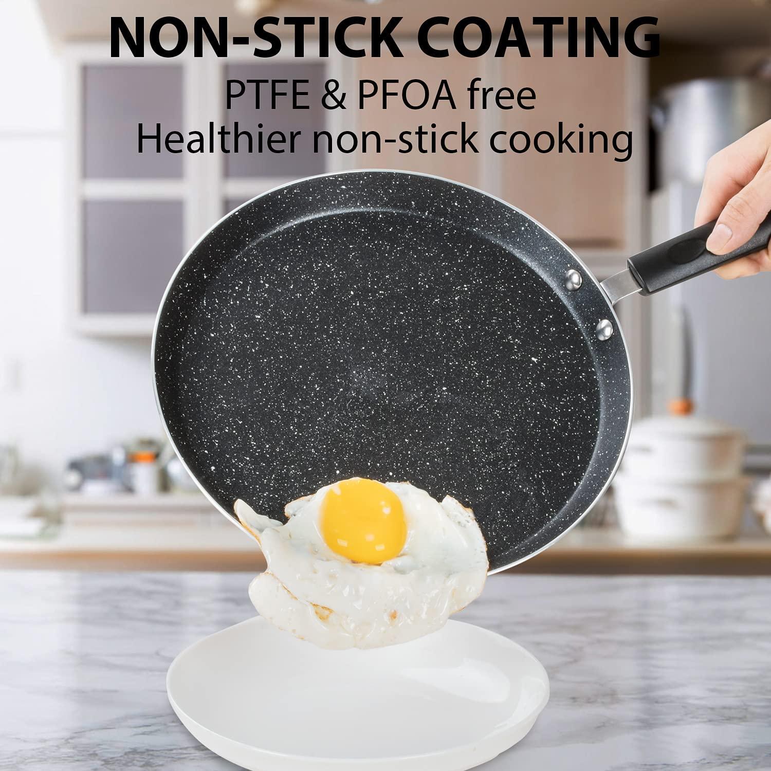 Buecmue 10.5 Inch Nonstick Crepe Pan with Spreader, Granite Coating Skillet Pan for Roti Egg Omelet Tortilla Tawa Dosa, Flat Frying Pan, Induction Compatible PFOA & PTFEs Free - CookCave