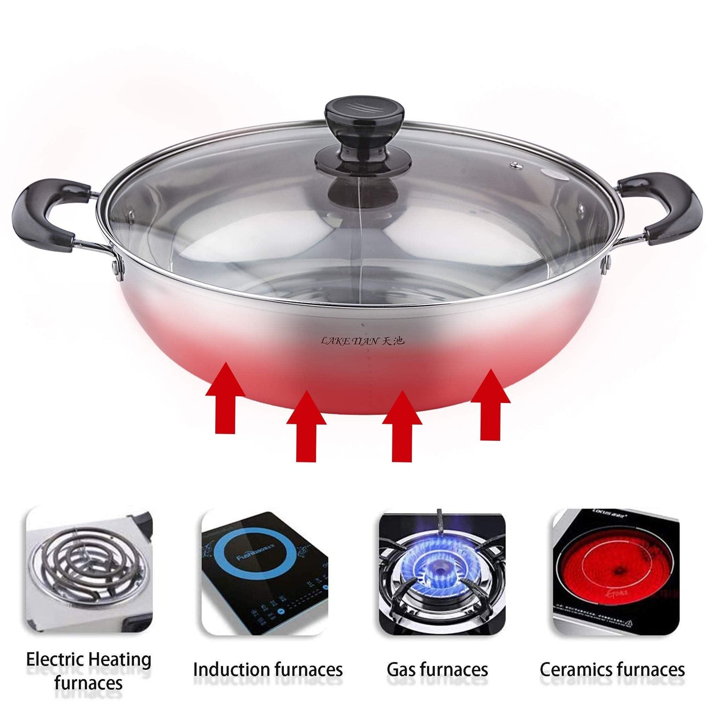 Lake Tian Stainless Steel Shabu Shabu Hot Pot, Dual Sided Yin Yang Hot Pot with Divider Include 3 Pot Spoons, 12 Inch 30 cm鸳鸯火锅 - CookCave