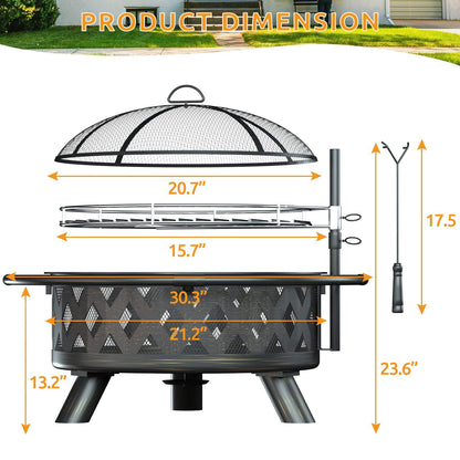 Amopatio Fire Pit with Mat & Cover, 30 Inch Large Outdoor Wood Burning Fire Pits, Patio Backyard Firepit with Steel BBQ Grill Cooking Grate, Spark Screen & Poker for Garden, Bonfire, Camping, Picnic - CookCave