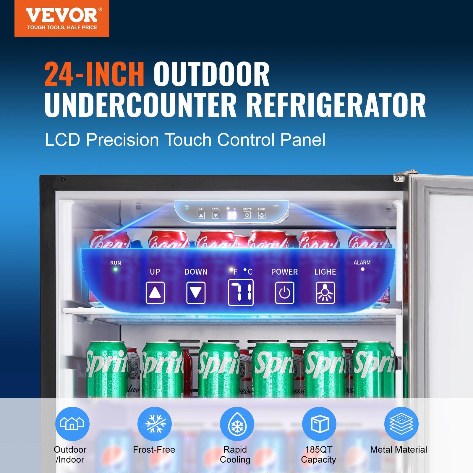 VEVOR Outdoor Refrigerator, 24-inch Undercounter Fridge, 185QT/175 Cans Built-in Beverage Cooler with 304 Stainless Steel Reversible Door, for Home Kitchen Commercial Use, Black - CookCave