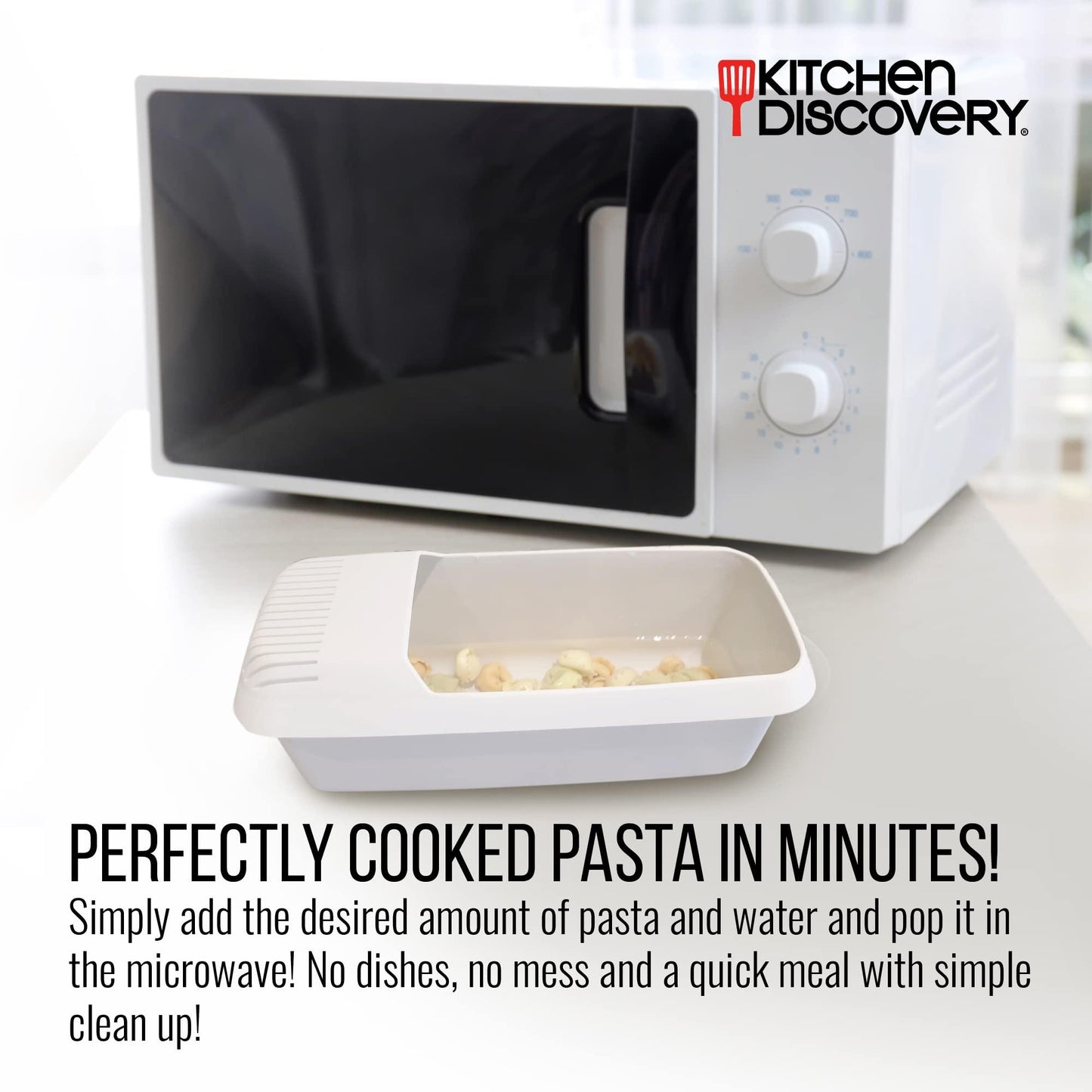 Kitchen Discovery Microwave Pasta Cooker- No Boil, No Mess, No Stick Pasta Cooker With Strainer Ready In As Little As 10 Minutes for up to 4 Servings - CookCave