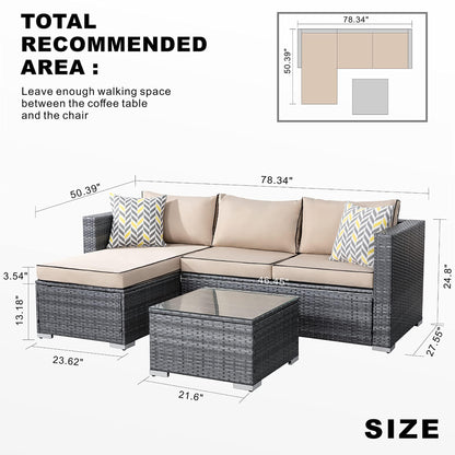 JAMFLY Outdoor Patio Furniture Sets, All-Weather Rattan Outdoor Sectional Sofa with Tea Table and Cushions Upgrade Wicker Patio sectional Sets 3-Piece (Khaki) - CookCave