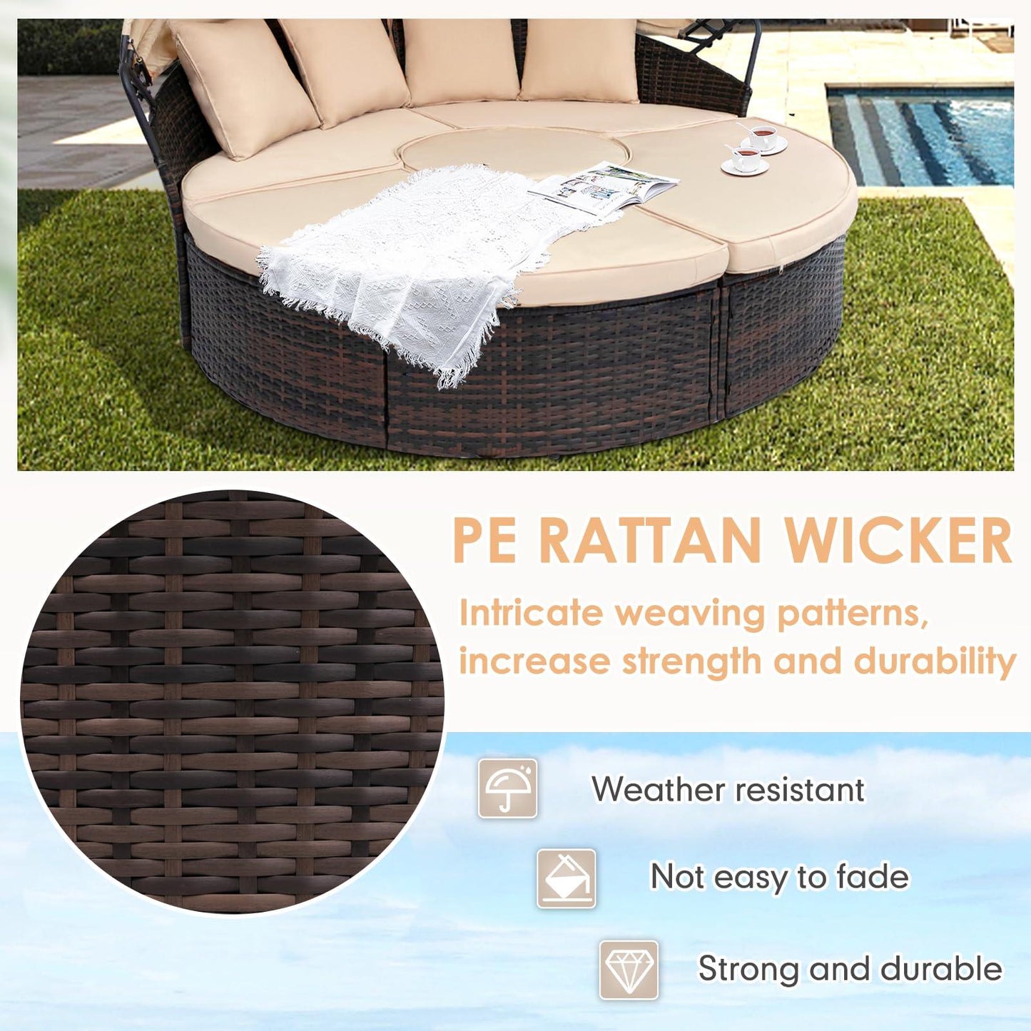 SUNCROWN Outdoor Patio Round Daybed with Retractable Canopy, Brown Wicker Furniture Sectional Couch with Washable Cushions, Backyard, Porch - CookCave