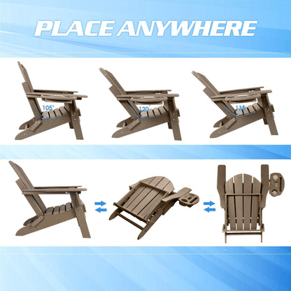 NAVINE Adjustable Backrest Adirondack Chair Set of 2, Folding Adirondack Chairs, Plastic Adirondack Chairs with Ottoman with 4 in 1 Cup Holder Trays for Deck, Terrace, Patio, Poolside. (Brown) - CookCave