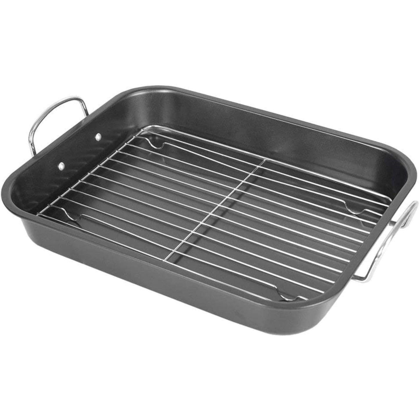 Deluxe Non Stick Roaster Pan/Turkey Roasting Pan with Rack and Handles, Excellent Broiler Pan for Turkeys, Hams and Chickens 14.5" x 11.5", Black - CookCave