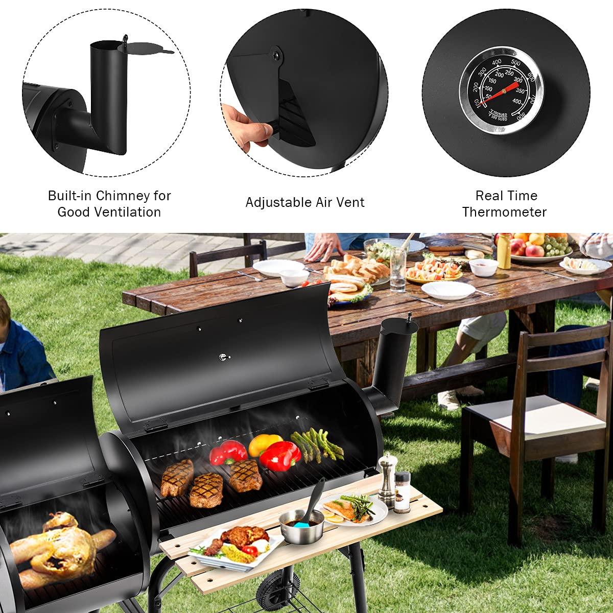 HAPPYGRILL Outdoor BBQ Grill with Offset Smoker & Thermometer, Portable Barbecue Charcoal Grill Oven with Wheels for Patio Backyard Party - CookCave