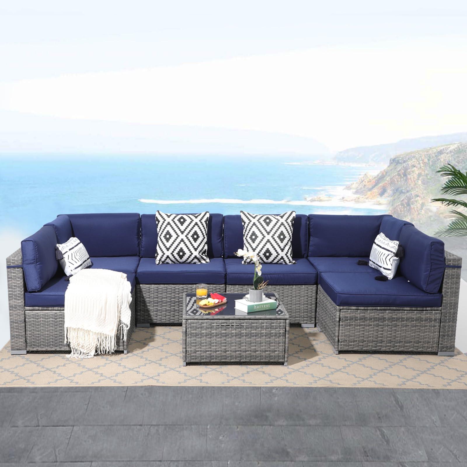 Patiorama 7 Pieces Outdoor Patio Furniture Set, All Weather Grey PE Wicker Rattan Sectional Conversation Set, Porch Garden W/Built-in Glass Table, Seat Clips, Navy Blue Cushions - CookCave