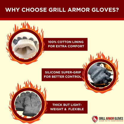 GRILL ARMOR GLOVES – Oven Gloves 932°F Extreme Heat & Cut Resistant Oven Mitts with Fingers for BBQ, Cooking, Grilling, Baking – Accessory for Smoker, Cast Iron, Fire Pit, Camping, Fireplace and More - CookCave