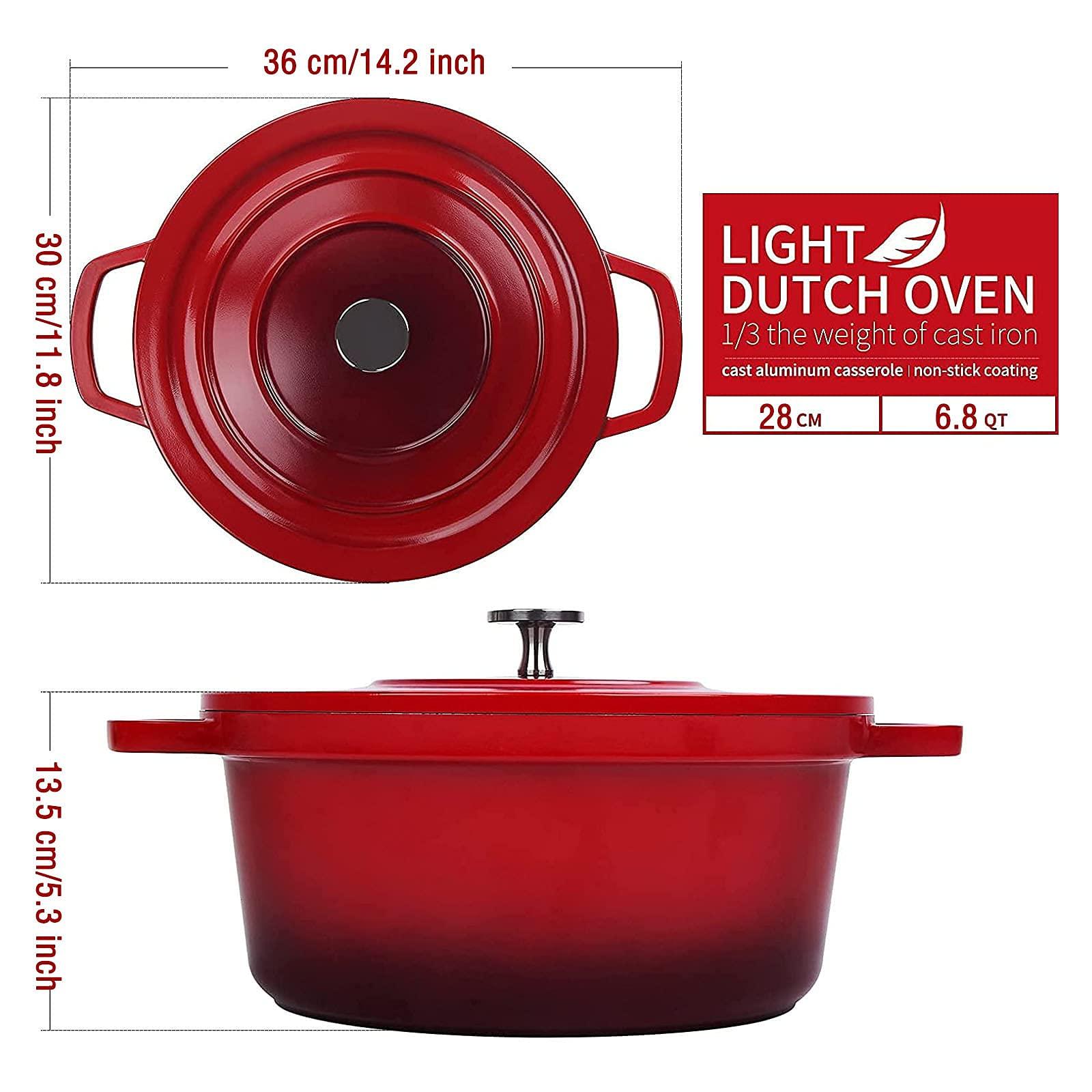 swiflon Dutch Oven Pot with Lid 6.8-QT Cast Aluminum Nonstick Casserole, Lightweight Cookware Braiser Pot Suitable for Meats, Soups, Bread Baking in Oven, Red - CookCave