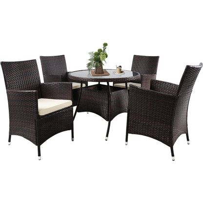 SUNCROWN 5 Piece Outdoor Dining Set All-Weather Wicker Patio Dining Table and Chairs with Cushions, Round Tempered Glass Tabletop with Umbrella Cutout for Patio Backyard Porch Garden Poolside - CookCave