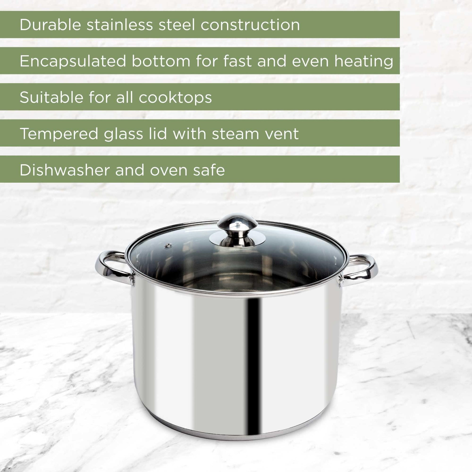 Ecolution Stainless Steel Stock Pot with Encapsulated Bottom Matching Tempered Glass Steam Vented Lids, Made Without PFOA, Dishwasher Safe, 8-Quart, Silver - CookCave
