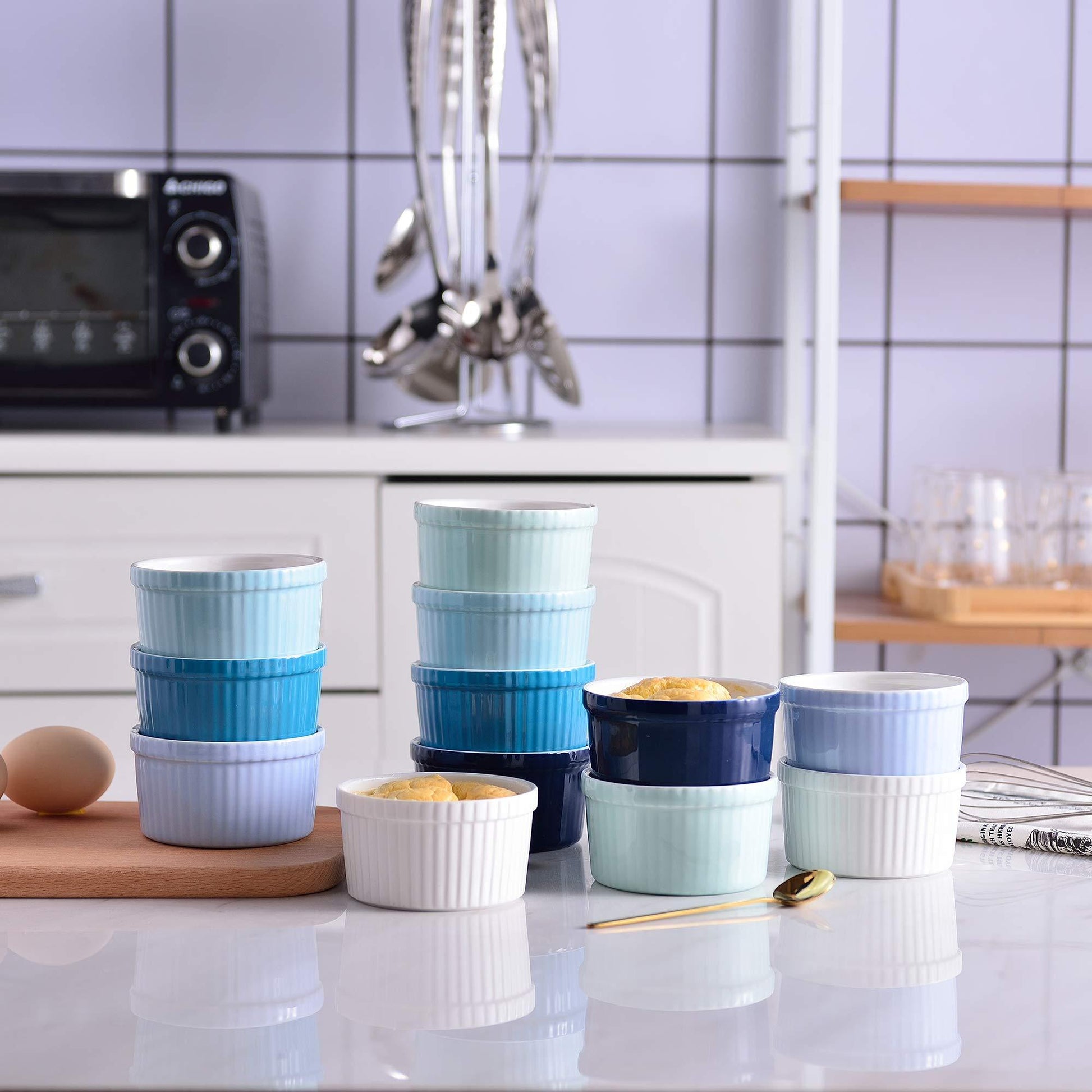 LOVECASA 6 OZ Ramekins Bowls, Small Creme Brulee Ramekins Set of 12, Oven Safe Porcelain Souffle Cups for Baking Lava Cakes, Pudding, Pot Pie, Dip Sauce, Custard Cups & Ice Cream, Multi-Blue - CookCave