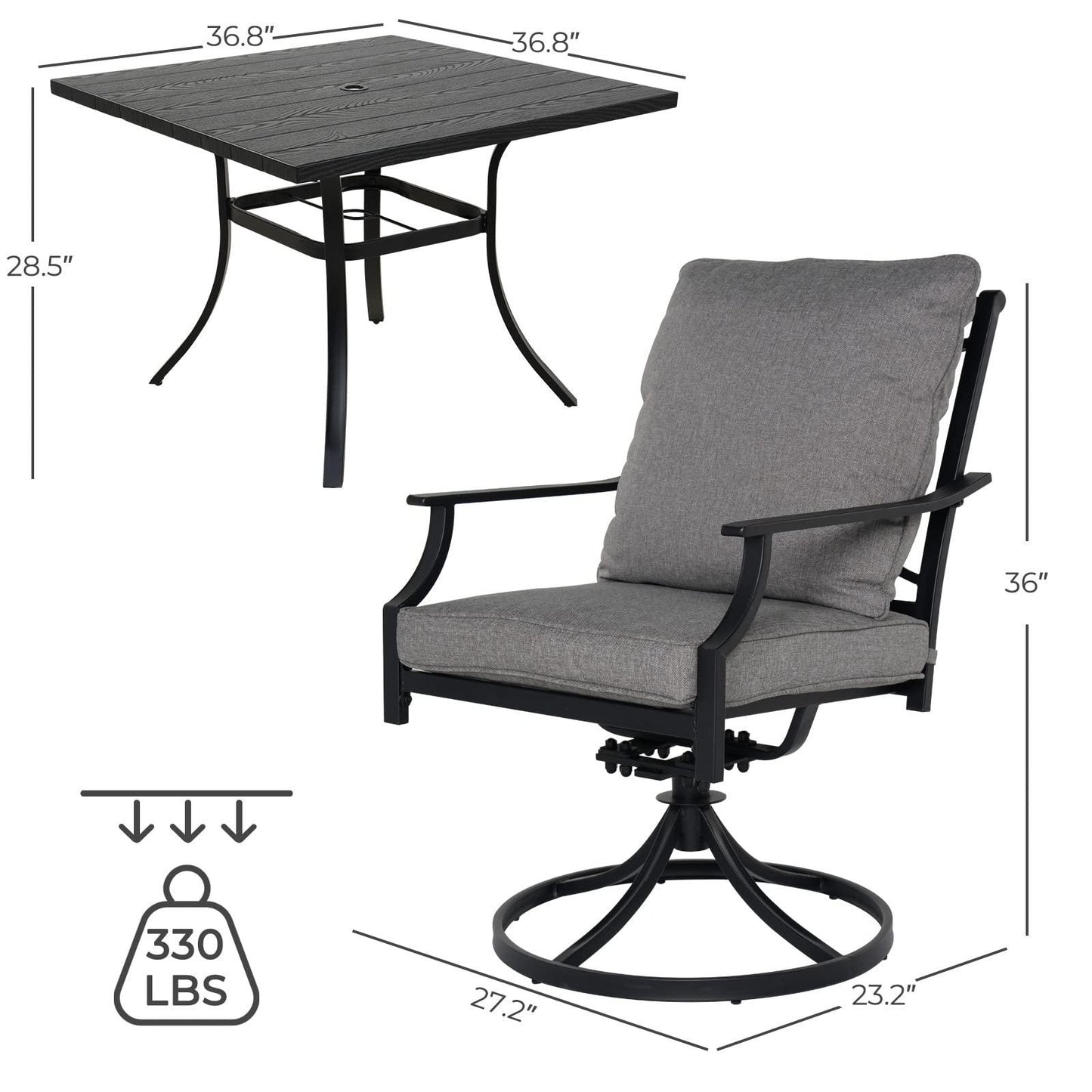 Grand patio 5-Piece Patio Dining Set for 4, Outdoor Furniture Dinning Set for 4 Patio Swivel Dining Chairs with Olefin Cushions 1 Square Dining Faux Woodgrain Table with Umbrella Hole, Grey - CookCave