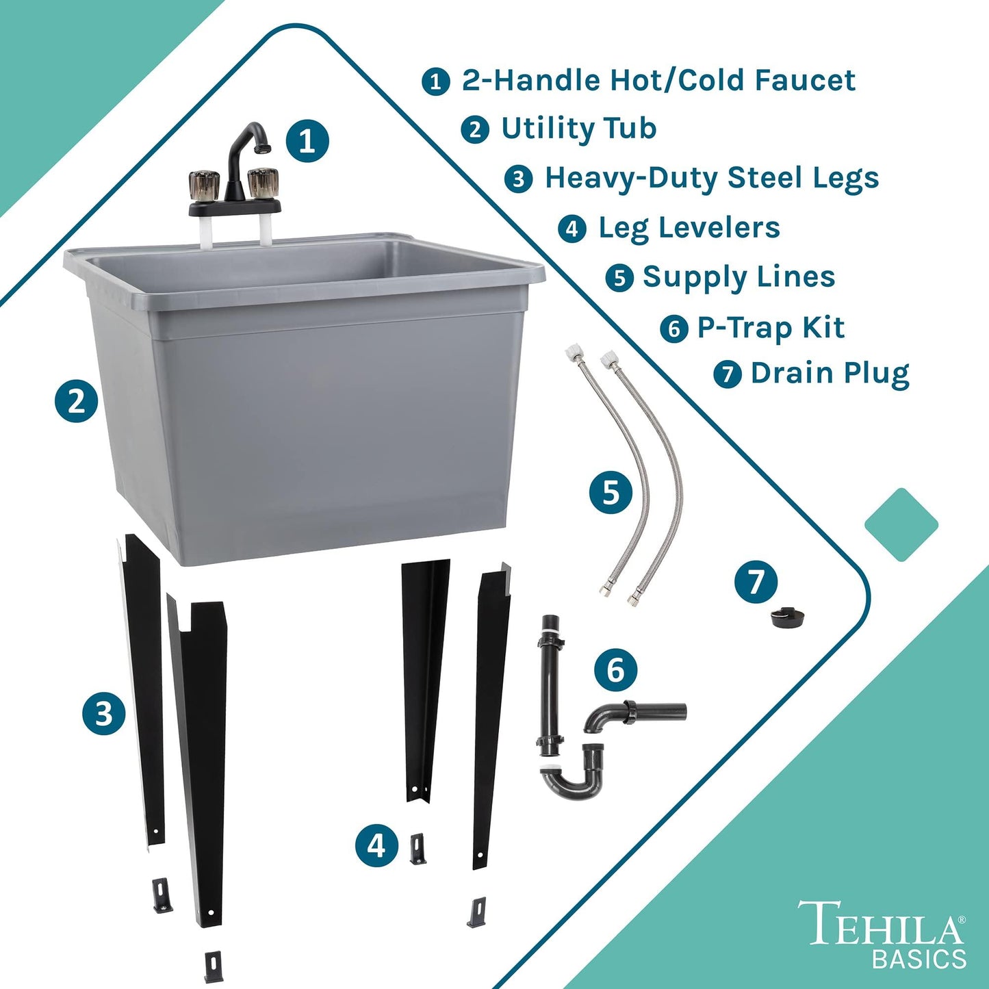 Tehila Basics by JS Jackson Supplies 21-Gallon Grey Freestanding Utility Sink with Black 2-Handle Faucet, Heavy Duty Plastic Laundry Tub with Adjustable Legs - CookCave