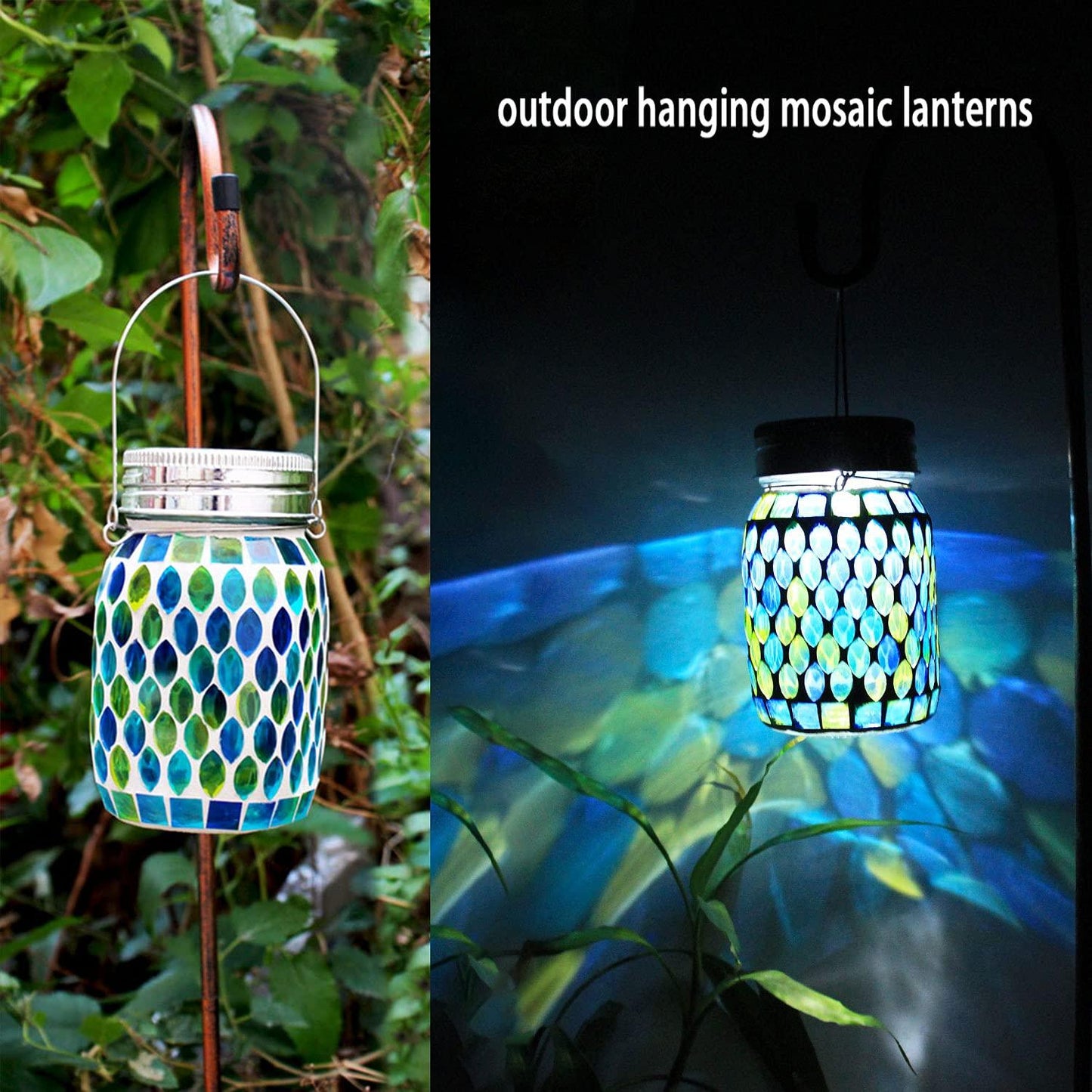 GUANFU Mosaic Solar Lanterns Outdoor Hanging Lights, Solar Table Lamps & Cool Blue Color Mosaic Glass Lights, Outdoor Waterproof Solar Night Lights, Garden,Patio,Pathway & Yard Décor - CookCave