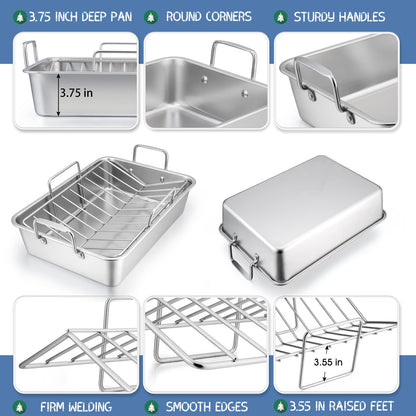 16" Roasting Pan with Rack, 7 PCS P&P CHEF Stainless Steel Roaster Lasagna Pan with Cooling Flat & V-shaped Baking Rack, Grilling Chicken Holder, Meat Shredding Claws, Dishwasher & Oven Safe - CookCave