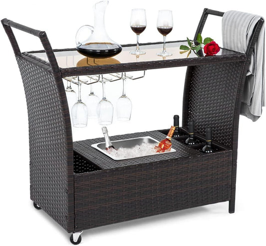 Seogwisam Outdoor Rolling Wicker Bar Cart,Rattan Serving Cart with Removable Ice Bucket,Glass Countertop,Goblet Wine Glass Holders and Storage Compartments, Wicker Bar Cart for Pool, Party, Backyard - CookCave