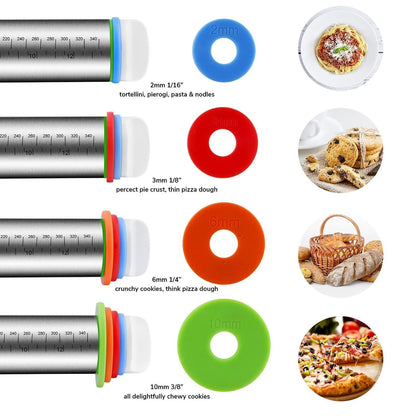 Stainless Steel Rolling Pin and Silicone Mat Set, Adjustable Thickness Rings - For Baking Dough, Pizza, Pies, Pastries, Pasta, Cookies - CookCave