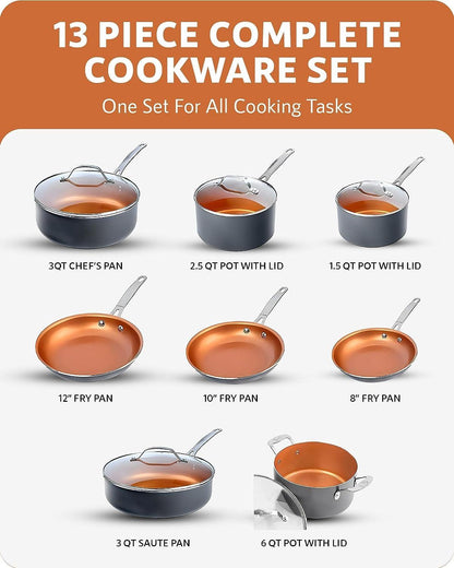 Gotham Steel Pro 13 Pc Ceramic Pots and Pans Set Non Stick Cookware Sets Pot and Pan Set, Kitchen Cookware Sets, Ceramic Cookware Set, Hard Anodized Cookware Set, Pot Set, Dishwasher Safe, Copper - CookCave