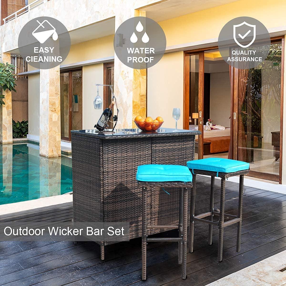 Polar Aurora 3PCS Patio Bar Set with Stools and Glass Top Table Patio Wicker Outdoor Furniture with Blue Removable Cushions for Backyards, Porches, Gardens or Poolside - CookCave
