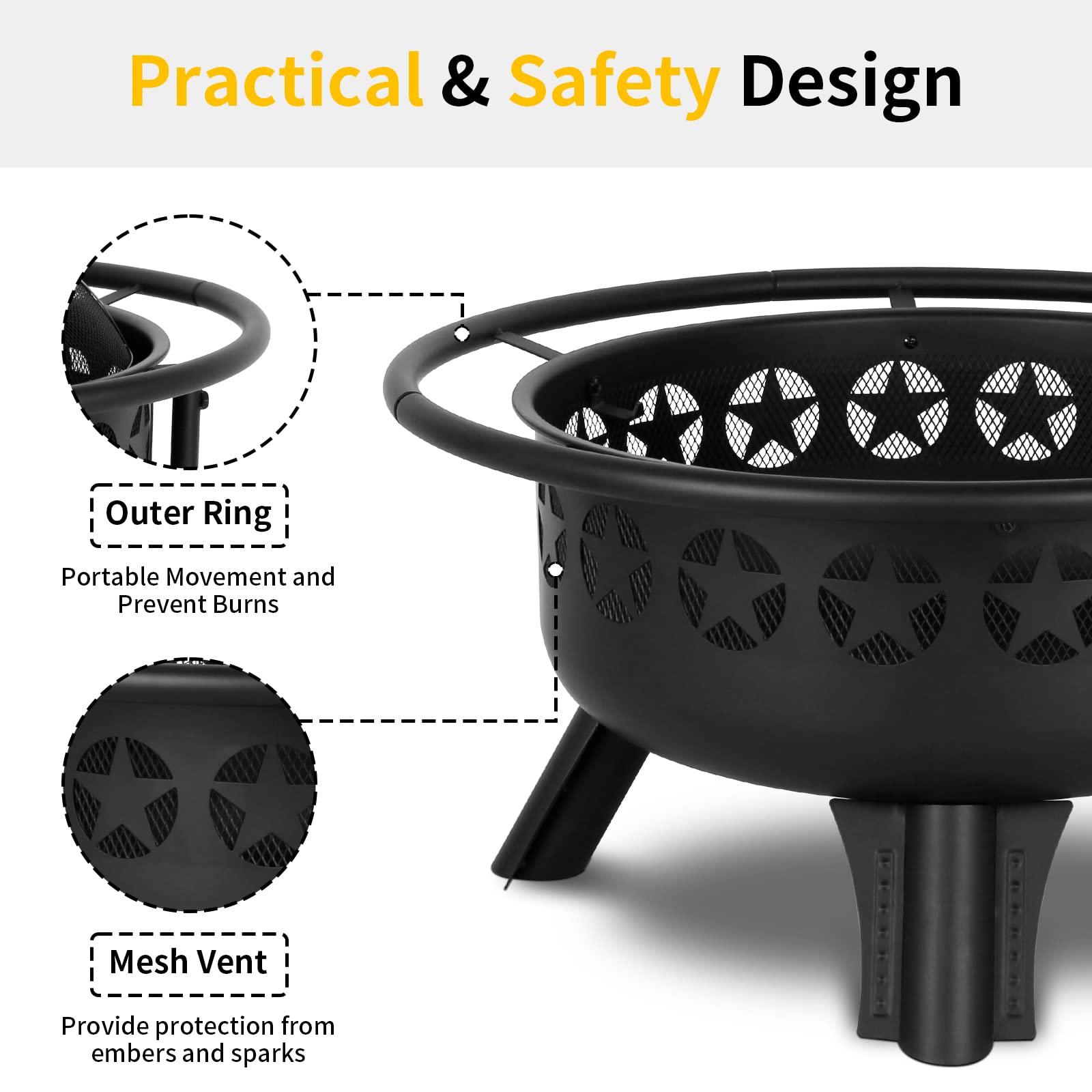 Hykolity 2 in 1 Fire Pit with Grill, Large 31" Wood Burning Fire Pit with Swivel Cooking Grate Outdoor Firepit for Backyard Bonfire Patio Outside Picnic BBQ, Spark Cover, Fire Poker - CookCave