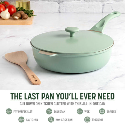 Goodful All-in-One Pan, Multilayer Nonstick, High-Performance Cast Construction, Multipurpose Design Replaces Multiple Pots and Pans, Dishwasher Safe Cookware, 11-Inch, 4.4-Quart Capacity, Sage Green - CookCave