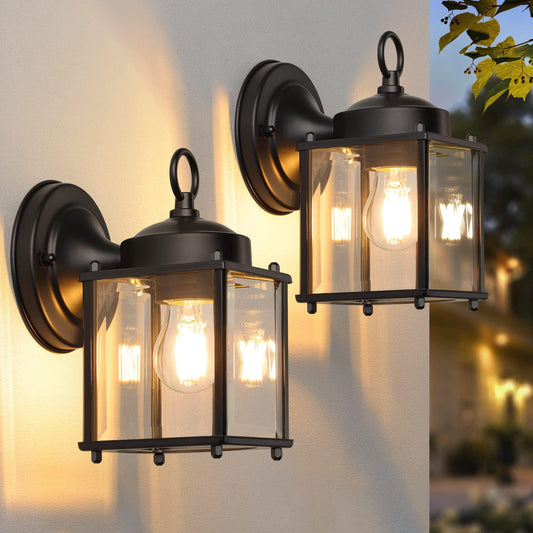 MATAMEYE Outdoor Wall Lantern, Exterior Waterproof Wall Sconce Light Fixtures, Black Front Door Wall Lighting with Clear Beveled Glass Shade, Anti-Rust E26 Socket Porch Lights for Entryway, 2 Pack - CookCave