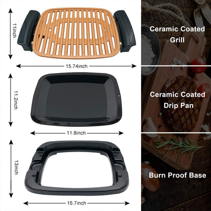 Nonstick Electric Indoor Smokeless Grill - Portable BBQ Grills with Recipes, Fast Heating, Adjustable Thermostat, Easy to Clean, 21" X 11" Tabletop Square Grill with Oil Drip Pan, Black - CookCave